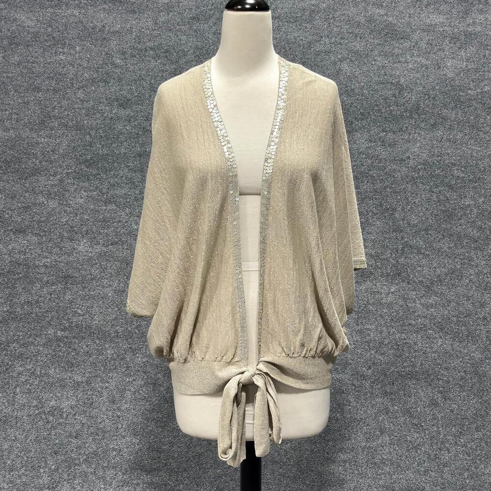 Karen Kane Cardigan Sweater Womens Medium Beige Sequin Open Front Tie Hem